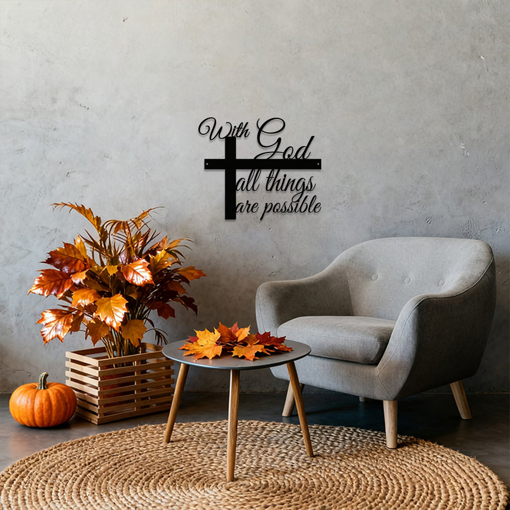 Christianartworkshop Avec Dieu, tout est possible. Décoration murale en métal avec croix et inscription cursive : une élégante affirmation de foi. - image 1