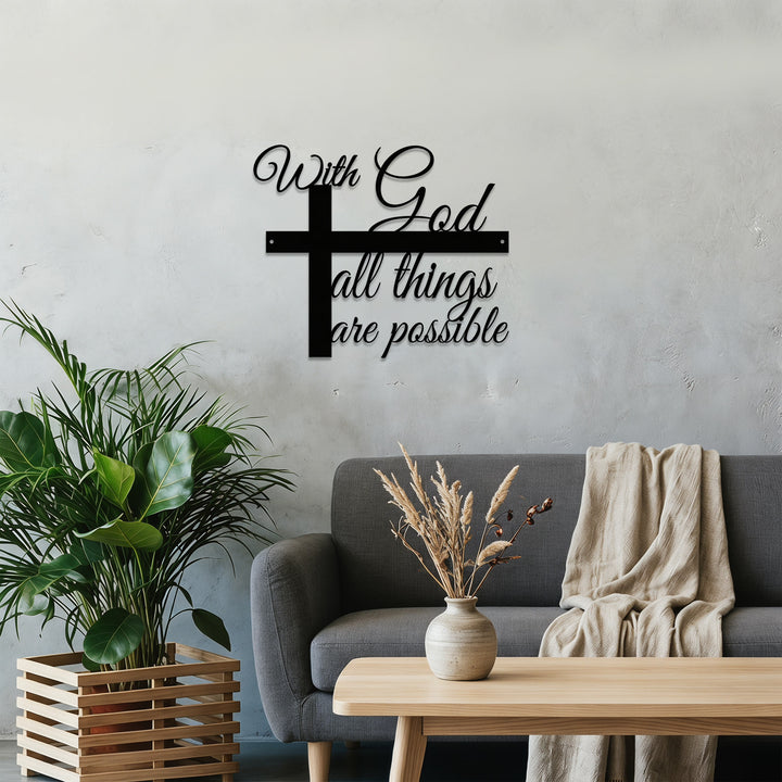 Christianartworkshop Avec Dieu, tout est possible. Décoration murale en métal avec croix et inscription cursive : une élégante affirmation de foi. - image 4