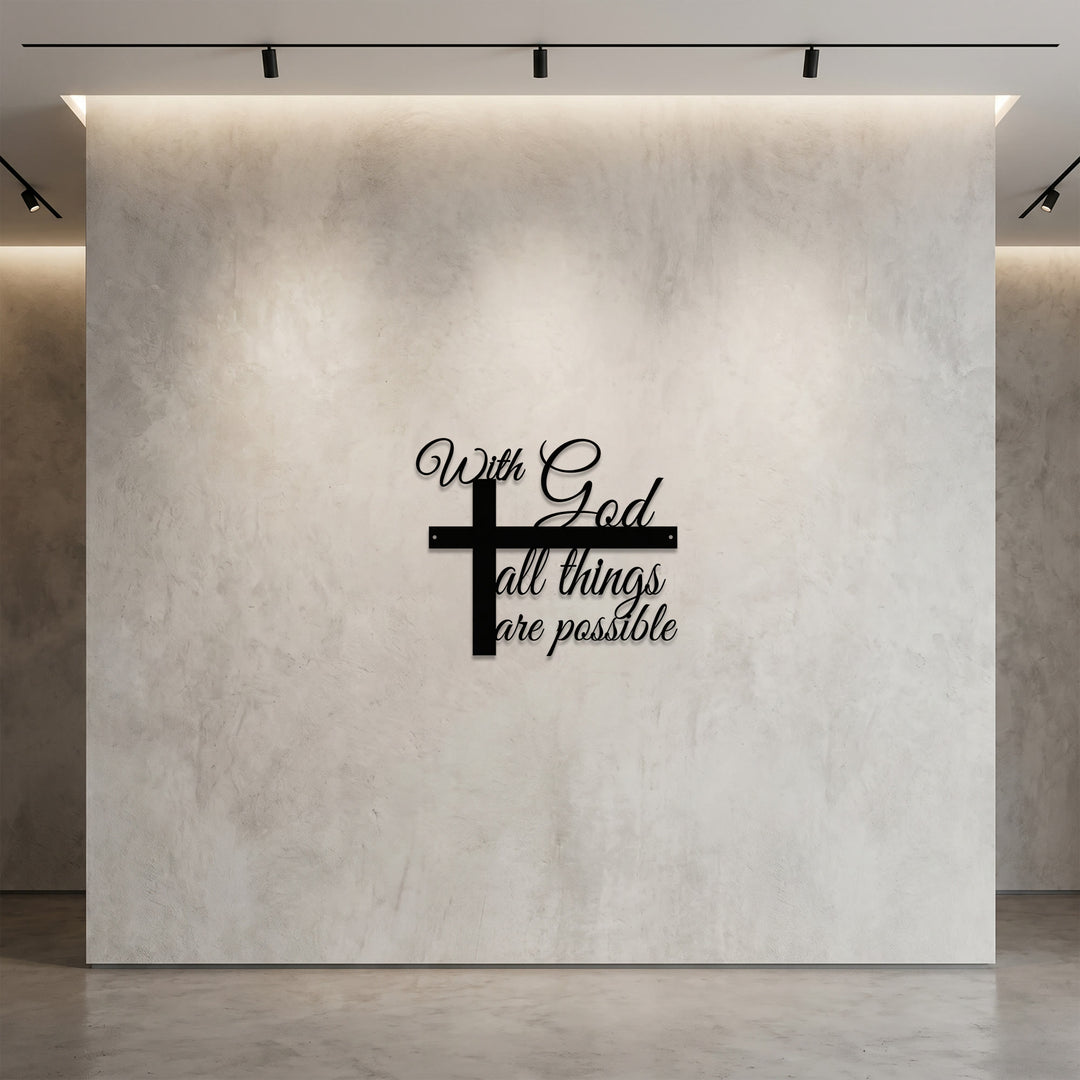 Christianartworkshop Avec Dieu, tout est possible. Décoration murale en métal avec croix et inscription cursive : une élégante affirmation de foi. - image 2