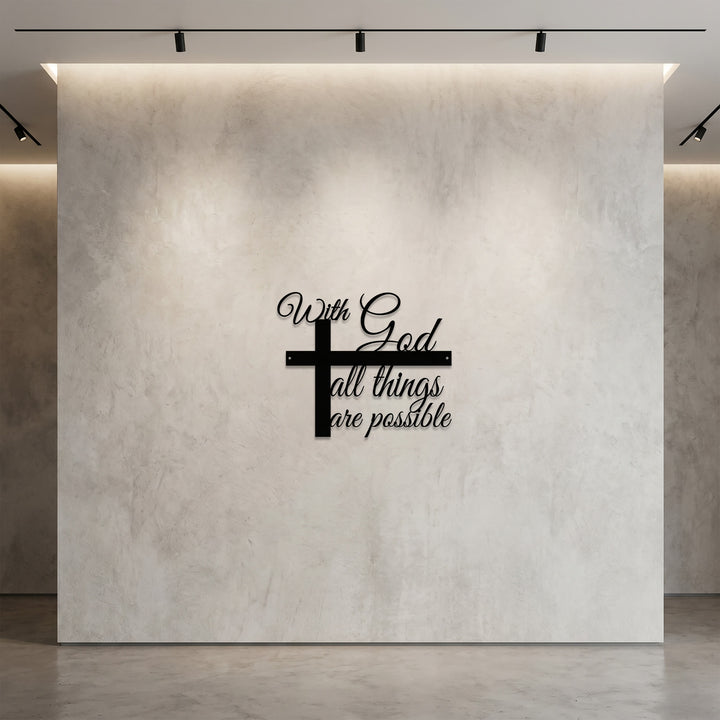 Christianartworkshop Avec Dieu, tout est possible. Décoration murale en métal avec croix et inscription cursive : une élégante affirmation de foi. - image 2