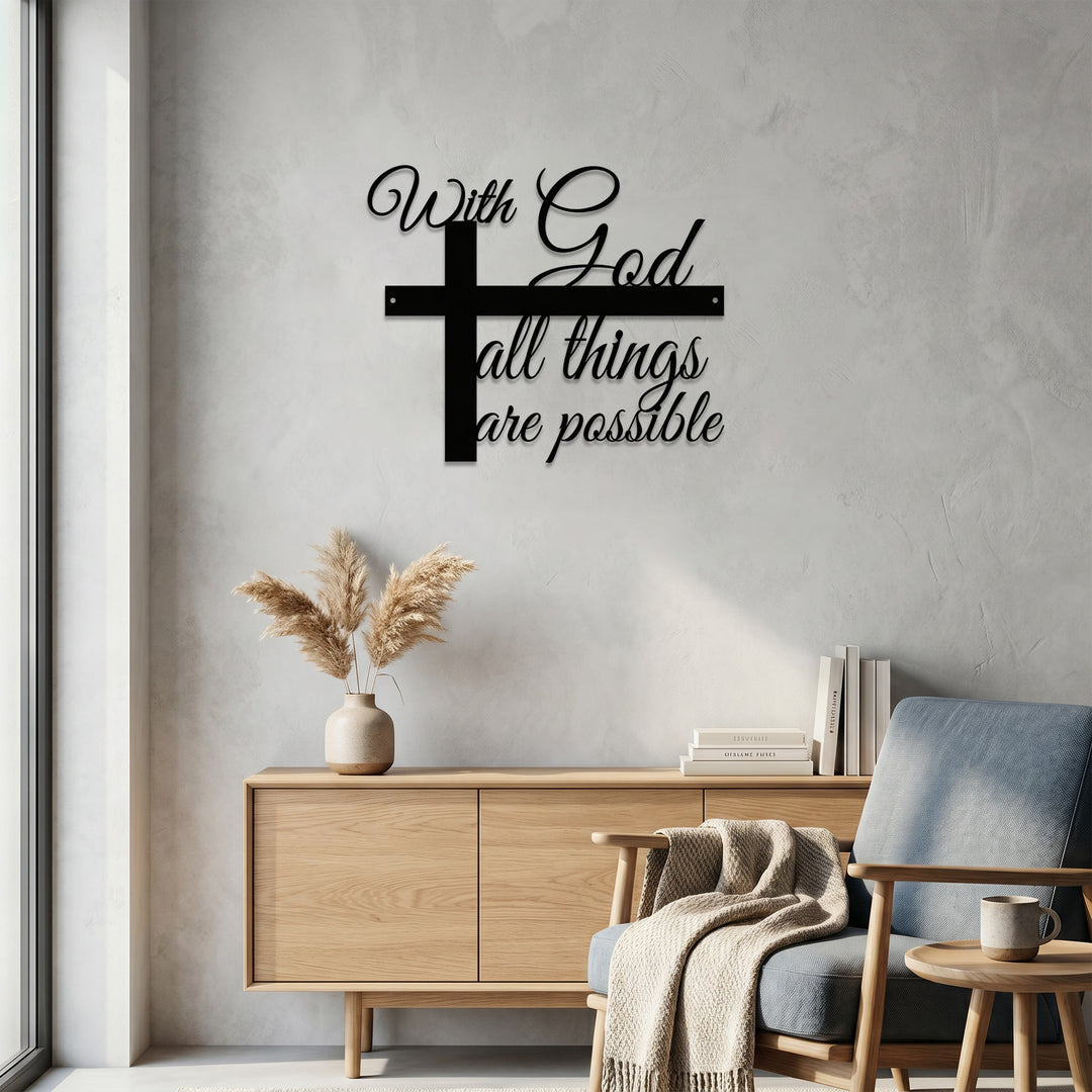 Christianartworkshop Avec Dieu, tout est possible. Décoration murale en métal avec croix et inscription cursive : une élégante affirmation de foi. - image 3