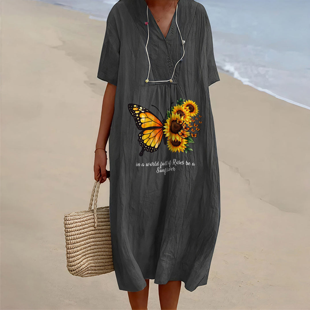 Christianartworkshop Robe midi à manches courtes et col V ornée d'une citation inspirante papillon et tournesol - Noir - 4XL - image 0