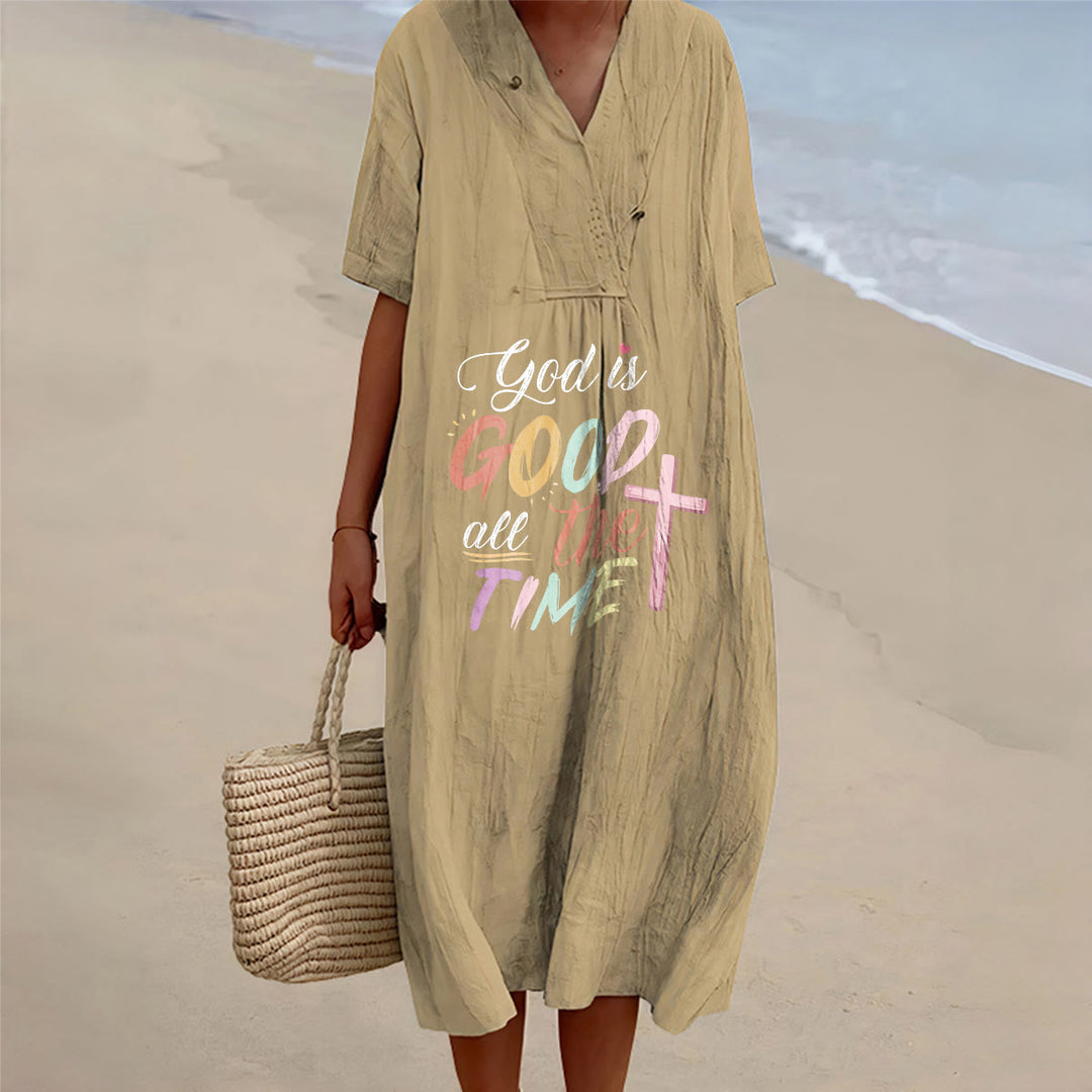 Christianartworkshop Robe midi à manches courtes et col en V, inspirée par la foi « Dieu est bon en tout temps » - Christianartworkshop - Kaki - 4XL - image 0