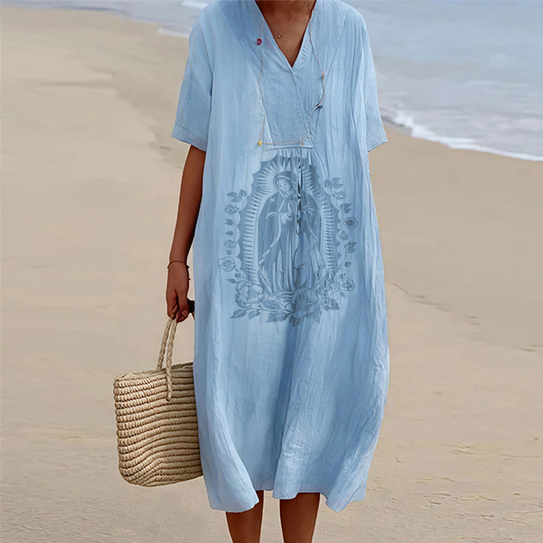 Christianartworkshop Robe midi à manches courtes et col en V, motif Notre-Dame de Guadalupe - Bleu - 4XL - image 0