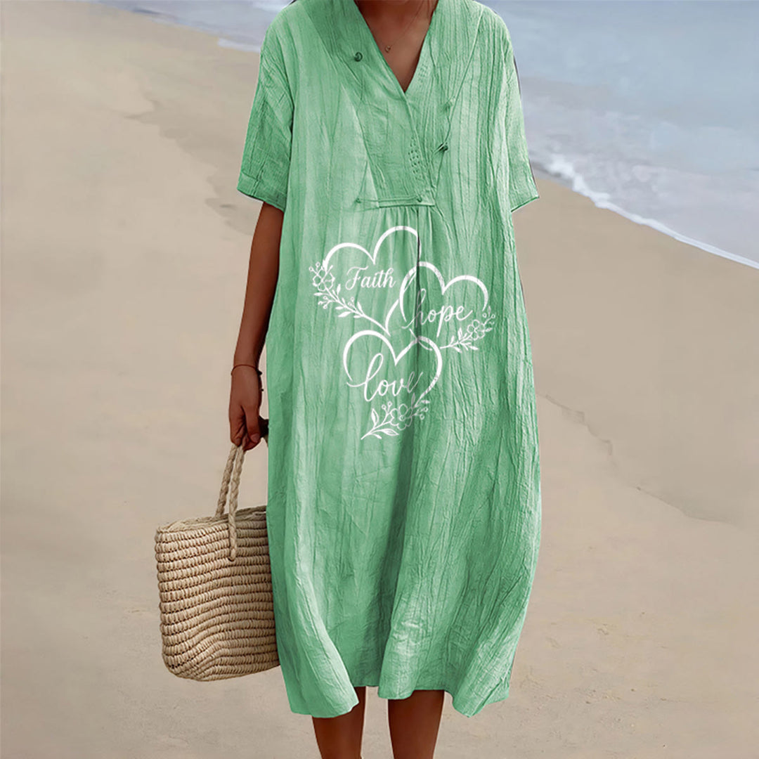 Christianartworkshop Robe midi à manches courtes et col en V, imprimé floral cœur « Foi, Espoir, Amour » - Vert - 4XL - image 0