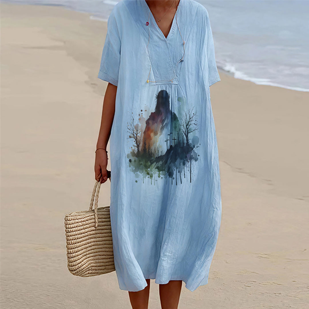 Christianartworkshop Robe midi à manches courtes et col en V, motif aquarelle de Jésus en silhouette, style religieux - Bleu - 4XL - image 0