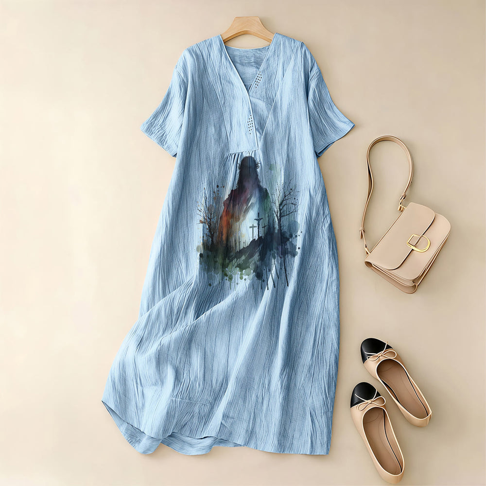 Christianartworkshop Robe midi à manches courtes et col en V, motif aquarelle de Jésus en silhouette, style religieux - image 1