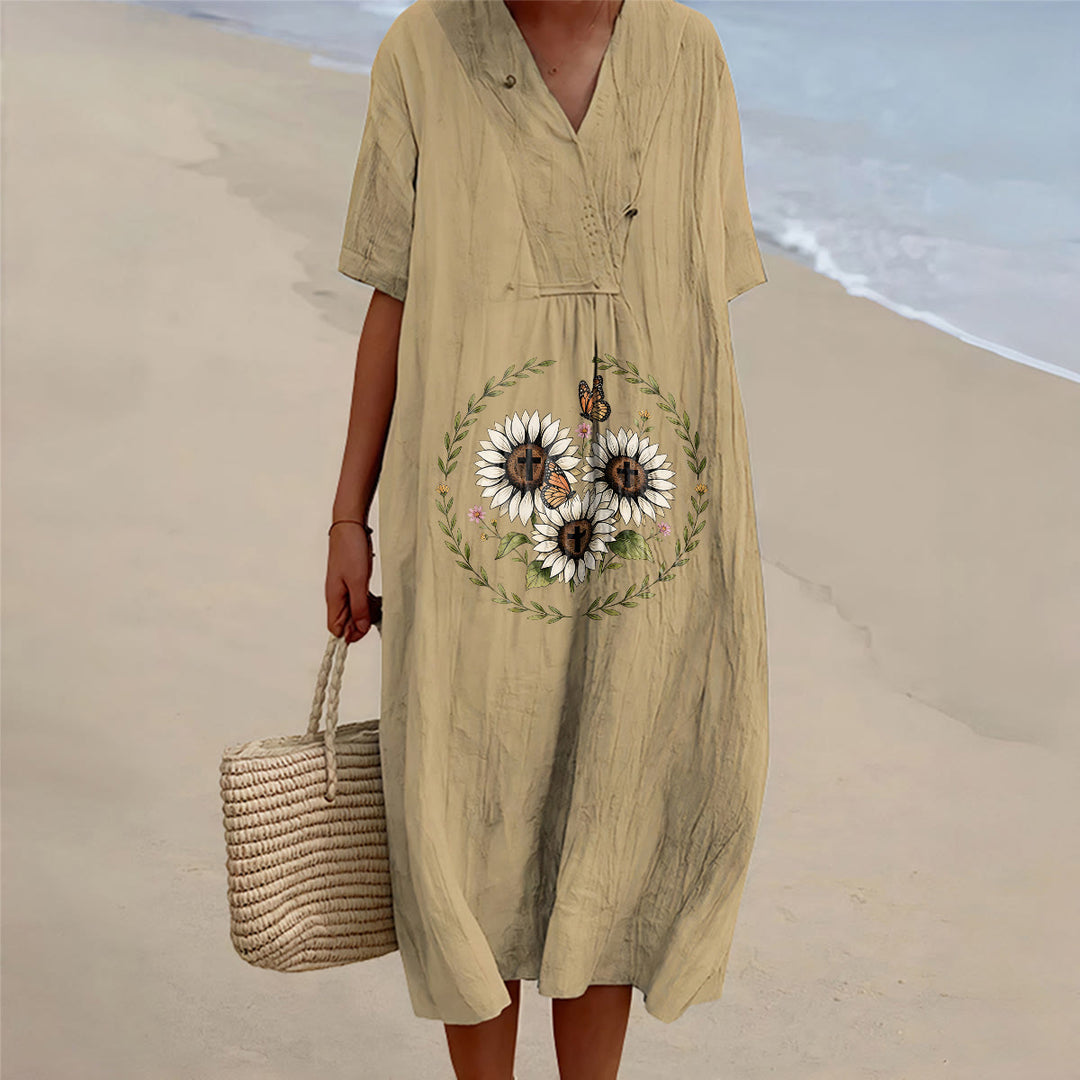 Christianartworkshop Robe midi à manches courtes et col en V ornée d'une croix de tournesol et de papillons. - Kaki - 4XL - image 0