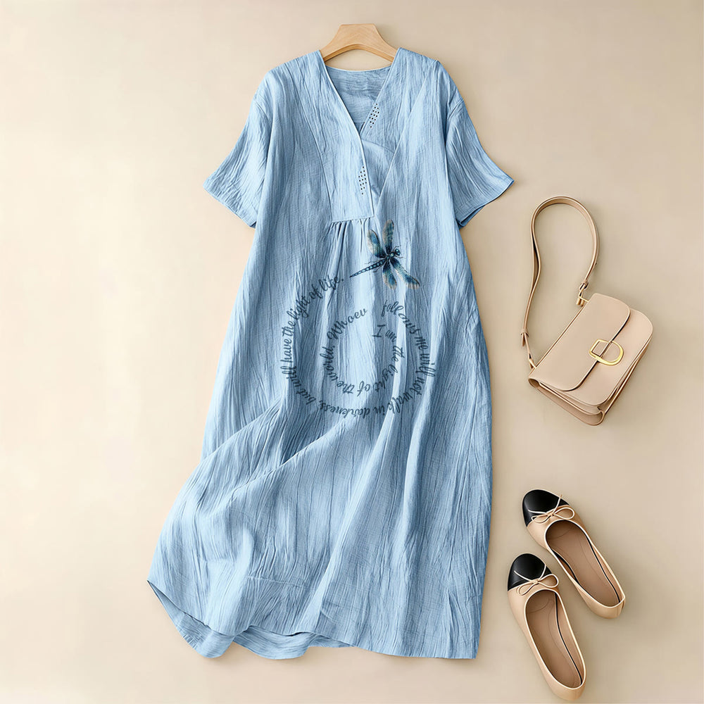 Christianartworkshop Robe midi à manches courtes, col V, coupe décontractée, motif libellule et verset inspirant - image 1