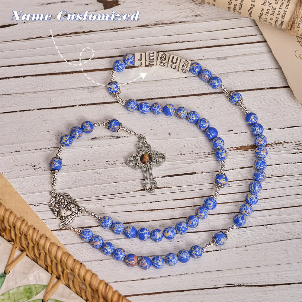 Christianartworkshop Chapelet en pierre de l'Empereur bleu royal avec la Sainte Famille et la Croix de la Miséricorde Divine - Nom personnalisé (en majuscules) - image 7