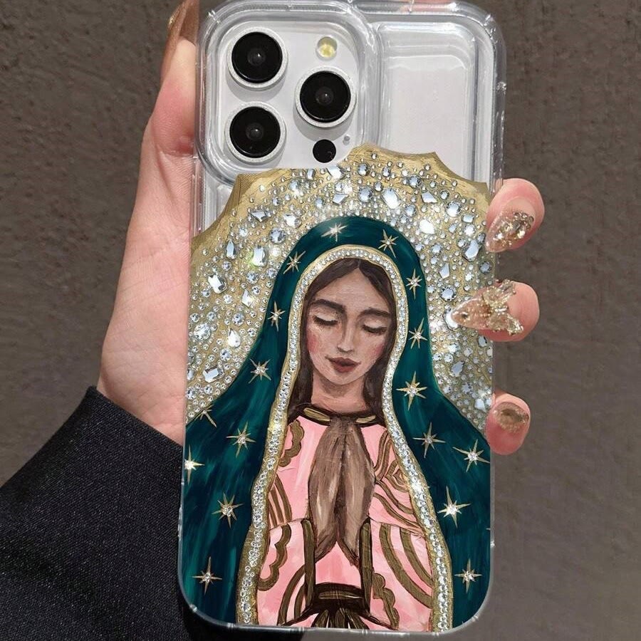 Christianartworkshop Coque de téléphone artistique représentant la Vierge de Guadalupe et ornée d'un halo de cristal : un rappel de la grâce céleste - image 1