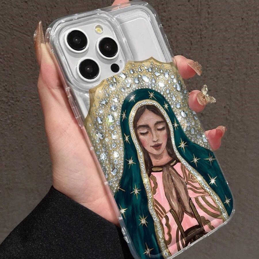 Christianartworkshop Coque de téléphone artistique représentant la Vierge de Guadalupe et ornée d'un halo de cristal : un rappel de la grâce céleste - image 2