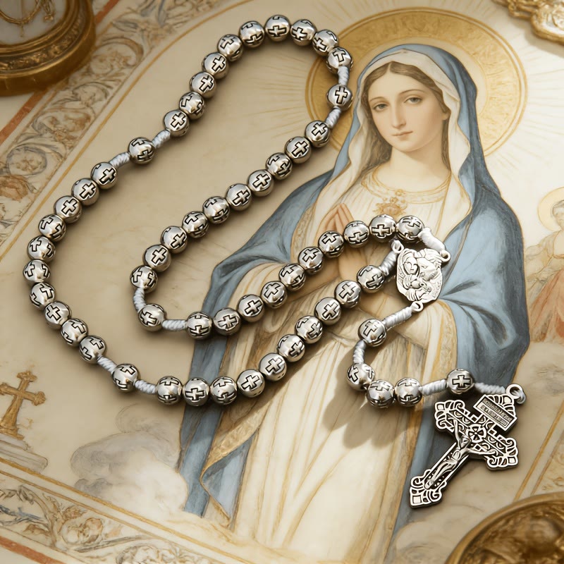 Christianartworkshop Chapelet du Centre de la Sainte Famille avec crucifix et grains gravés d'une croix : un symbole de dévotion sacrée - Sainte Famille et crucifix - image 0
