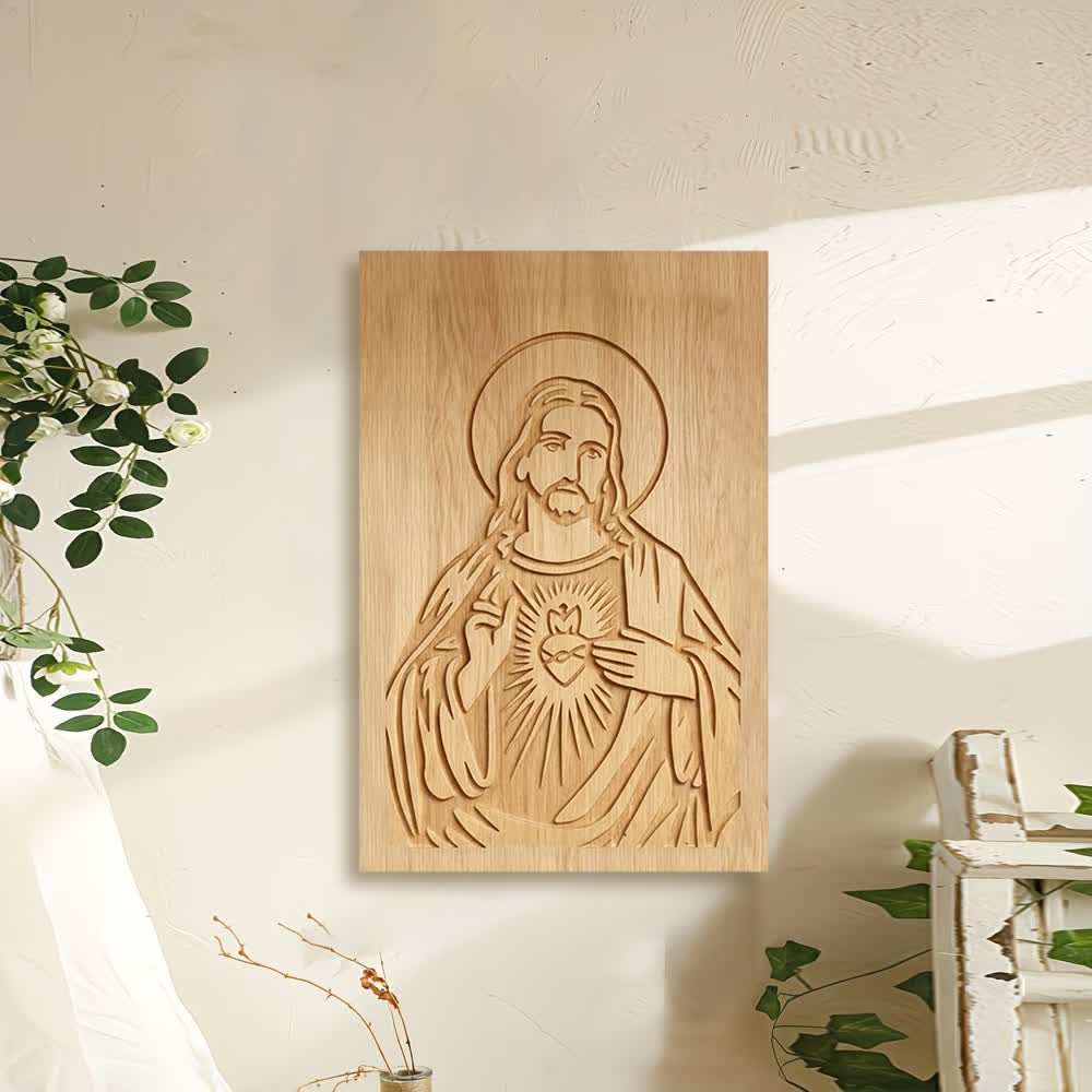 Christianartworkshop Décoration murale rustique en bois représentant le Sacré-Cœur de Jésus pour la maison, grâce - image 1