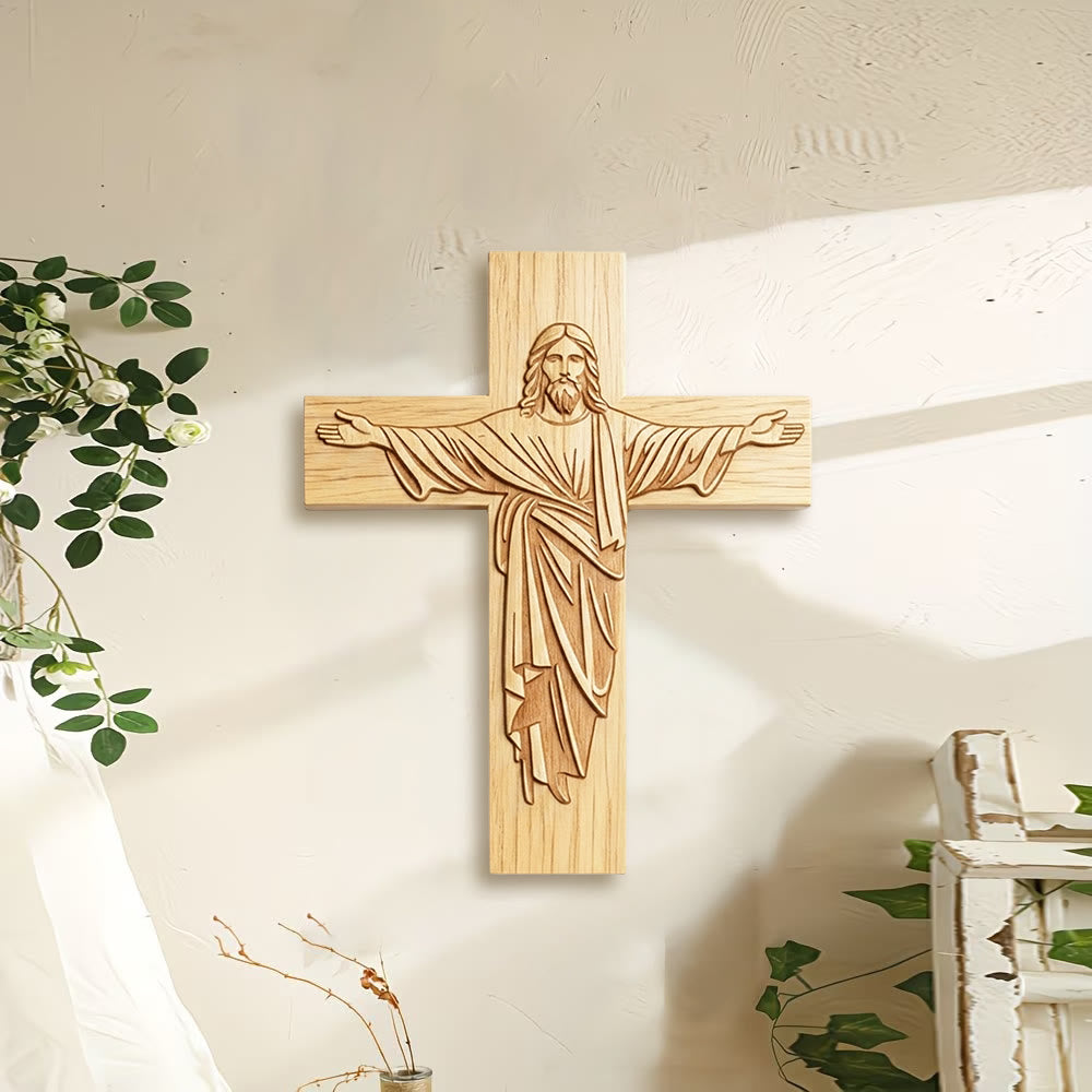 Christianartworkshop Plaque en bois représentant une croix de Jésus au design minimaliste classique et aux bras ouverts : un emblème intemporel de dévotion - image 1
