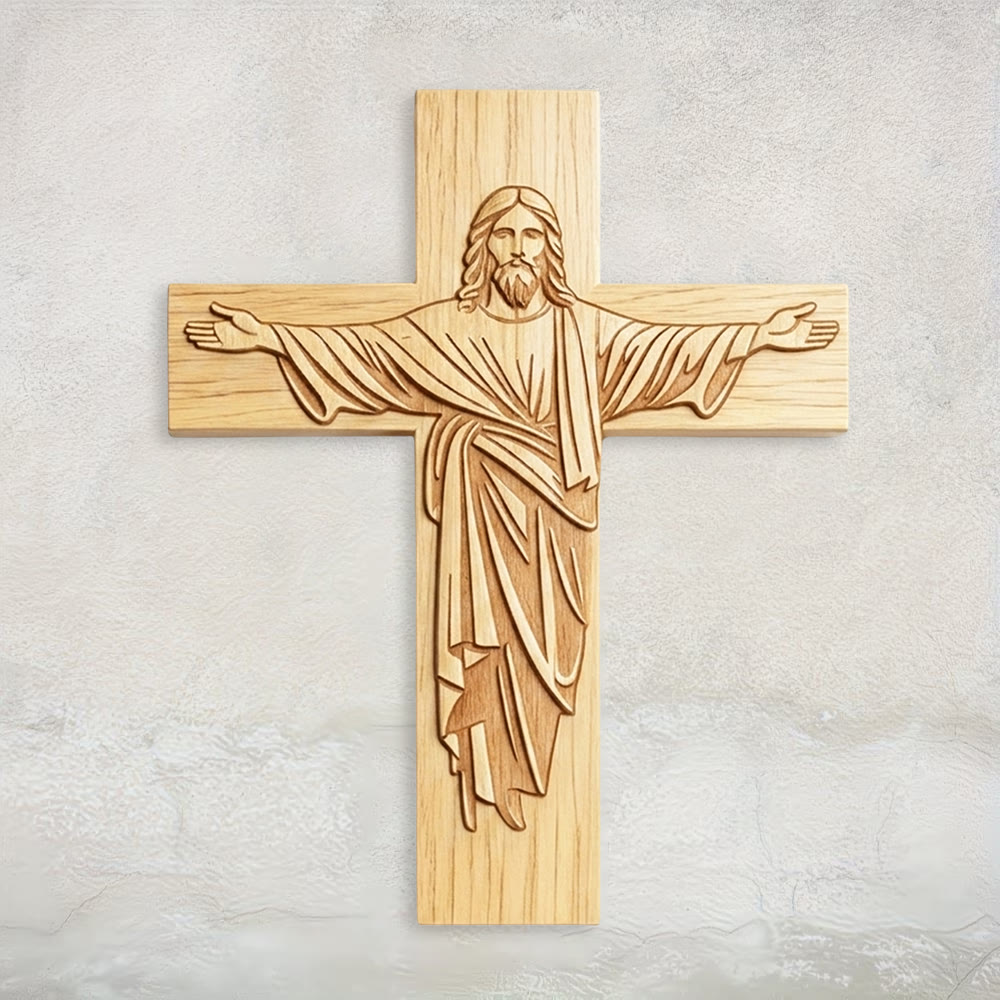 Christianartworkshop Plaque en bois représentant une croix de Jésus au design minimaliste classique et aux bras ouverts : un emblème intemporel de dévotion - 15,75''*19,69''*0,2''/40*50*0,5 cm - image 0