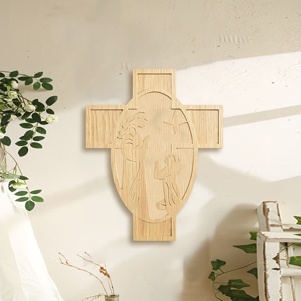 Christianartworkshop Croix en bois représentant une crèche : un rappel de l’amour de Dieu - image 1