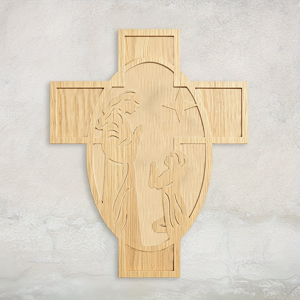 Christianartworkshop Croix en bois représentant une crèche : un rappel de l’amour de Dieu - 15,75″ 19,69″ 0,20″ / 40*50*0,5 cm - image 0