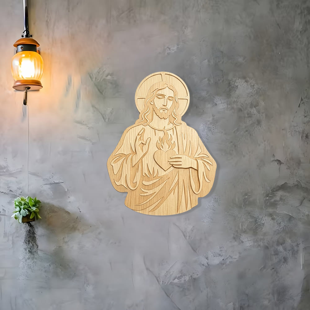 Christianartworkshop Décoration murale en bois sculpté du Sacré-Cœur de Jésus : un symbole de l'amour divin - image 1