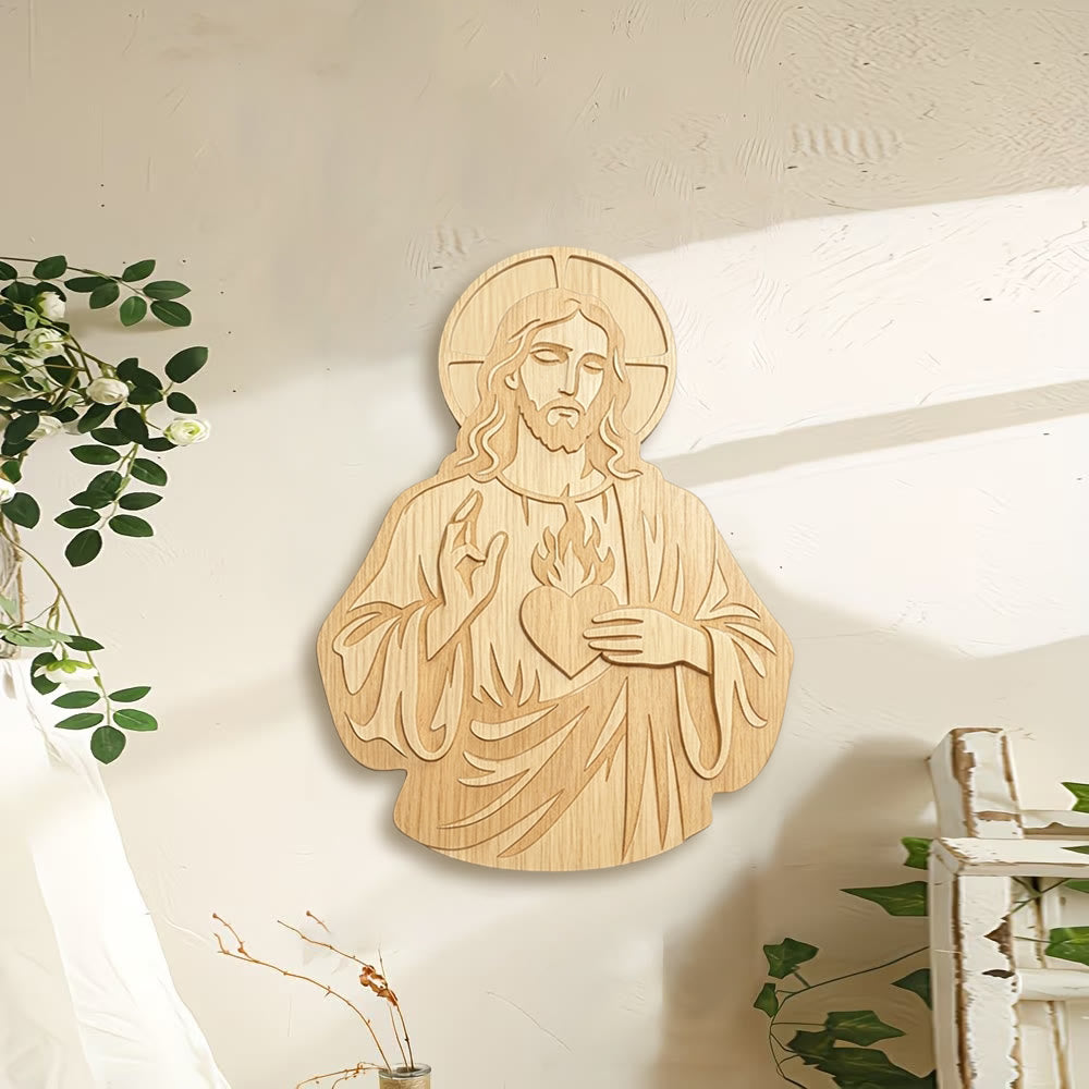 Christianartworkshop Décoration murale en bois sculpté du Sacré-Cœur de Jésus : un symbole de l'amour divin - image 2