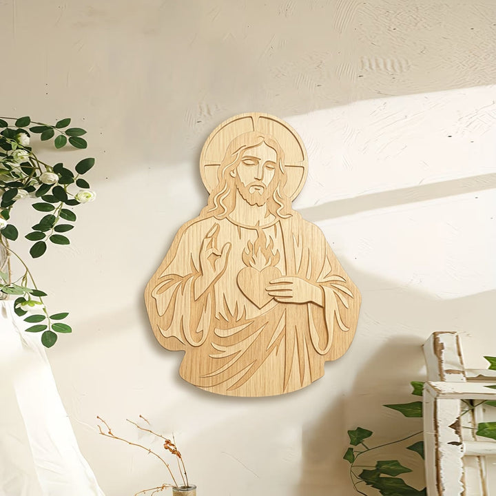 Christianartworkshop Décoration murale en bois sculpté du Sacré-Cœur de Jésus : un symbole de l'amour divin - image 2