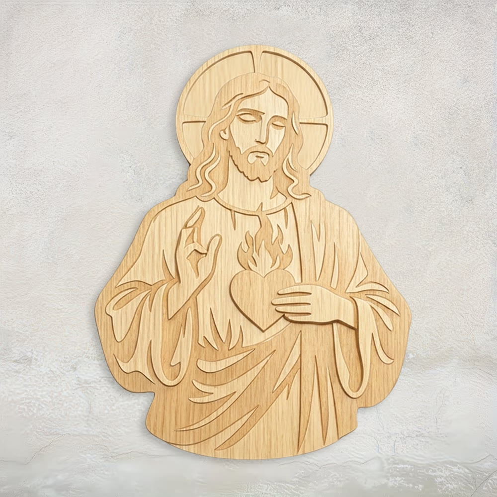 Christianartworkshop Décoration murale en bois sculpté du Sacré-Cœur de Jésus : un symbole de l'amour divin - 14,88*19,69''*0,2''/37,8*50*0,5 cm - image 0