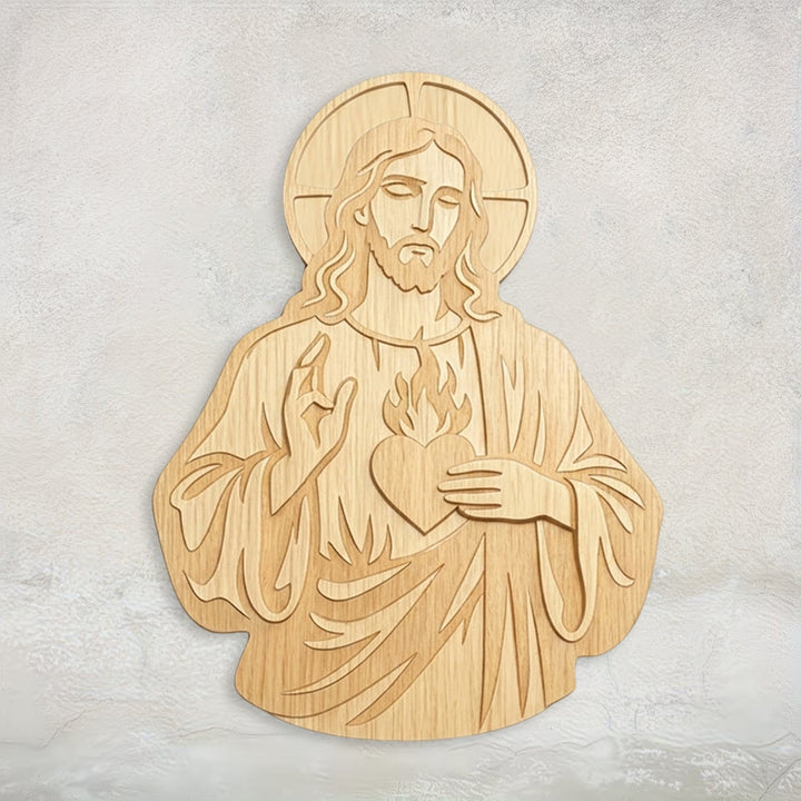 Christianartworkshop Décoration murale en bois sculpté du Sacré-Cœur de Jésus : un symbole de l'amour divin - 14,88*19,69''*0,2''/37,8*50*0,5 cm - image 0