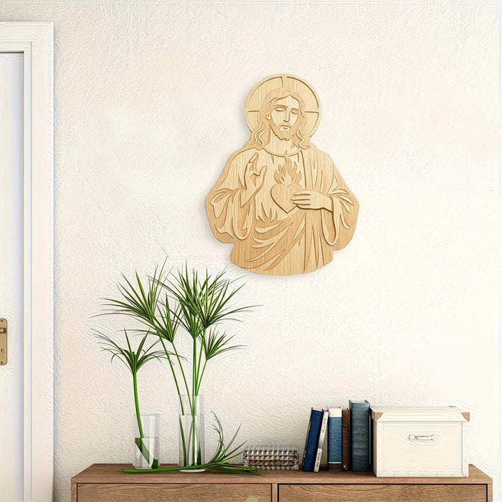 Christianartworkshop Décoration murale en bois sculpté du Sacré-Cœur de Jésus : un symbole de l'amour divin - image 3