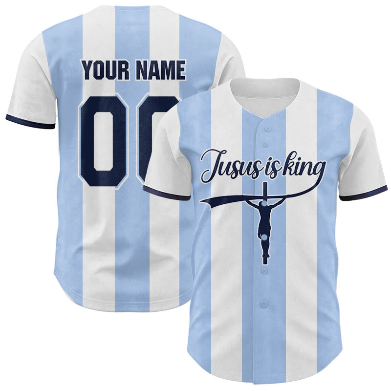 Christianartworkshop Maillot de baseball rayé personnalisé avec nom et numéro, imprimé croix « Jésus est roi » - 5XL - Nom et numéro personnalisés - image 0