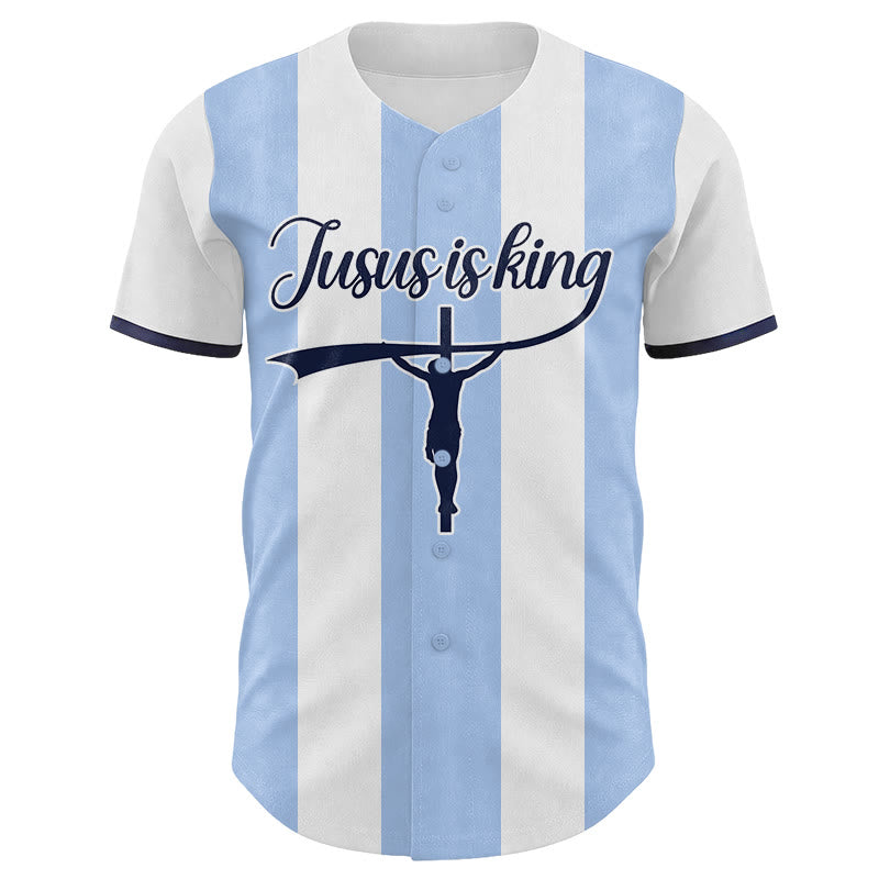Christianartworkshop Maillot de baseball rayé personnalisé avec nom et numéro, imprimé croix « Jésus est roi » - image 1