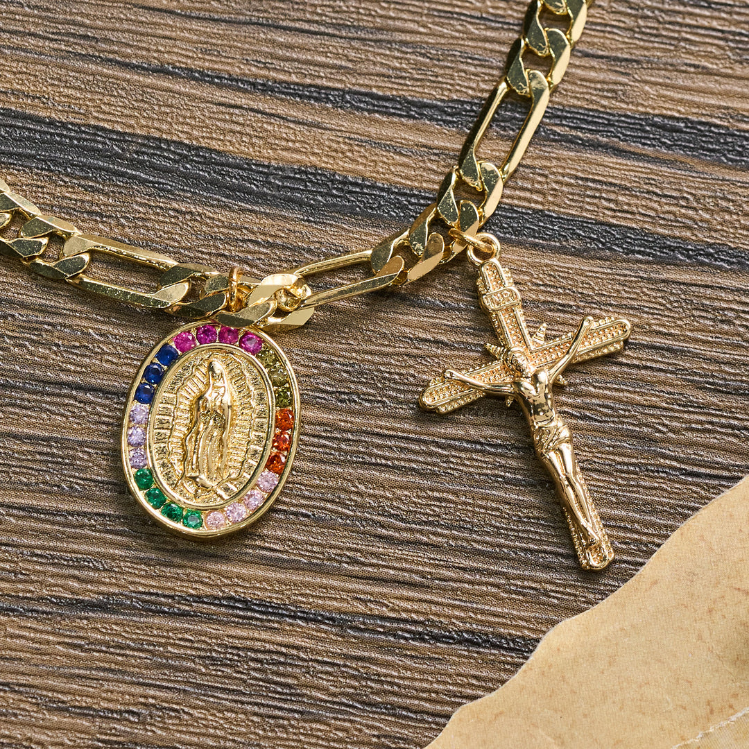 Christianartworkshop Bracelet Figaro avec médaille de Guadalupe, bordure en strass et pendentif crucifix - image 9