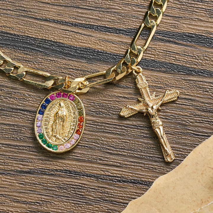 Christianartworkshop Bracelet Figaro avec médaille de Guadalupe, bordure en strass et pendentif crucifix - image 9