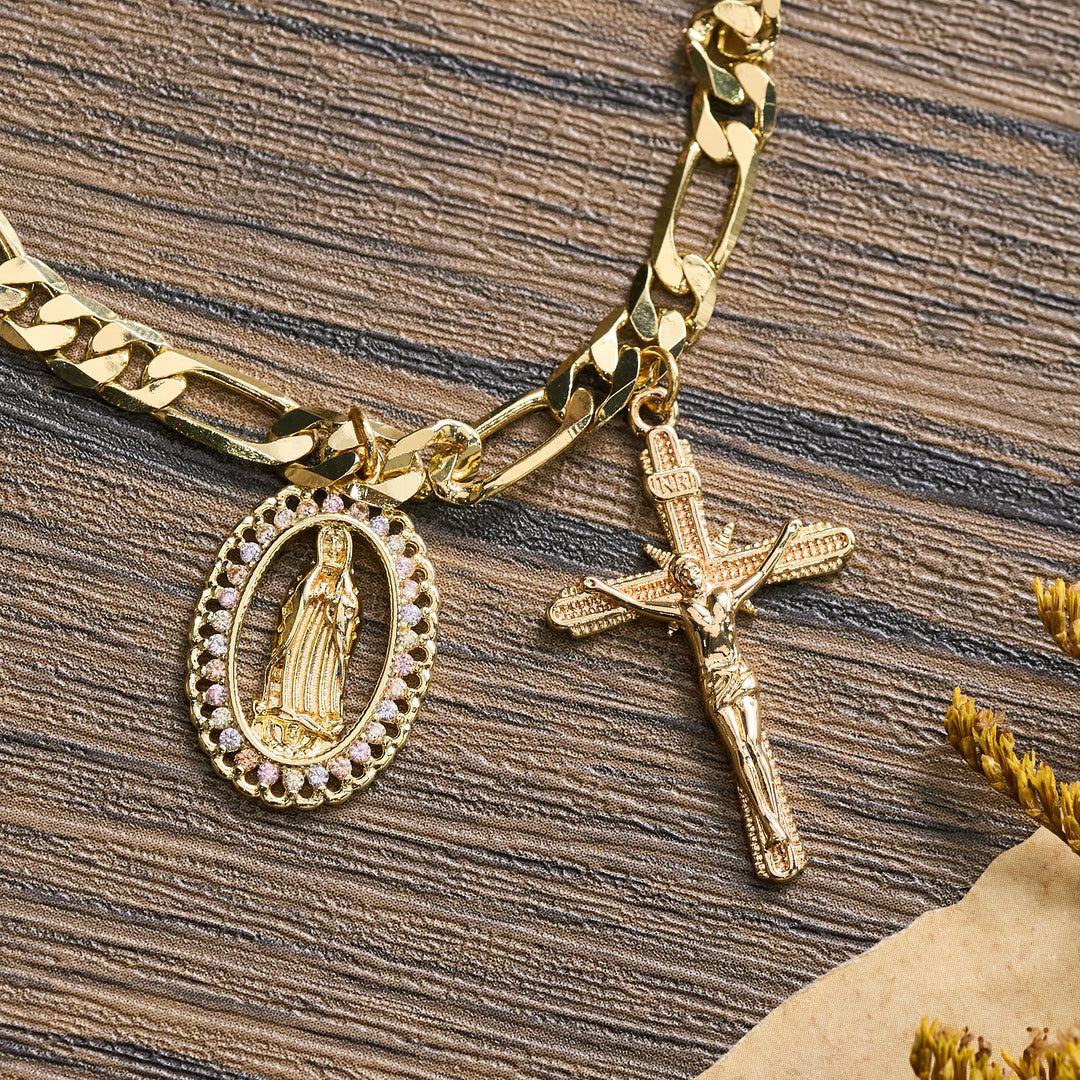 Christianartworkshop Bracelet Figaro avec médaille de Guadalupe, bordure en strass et pendentif crucifix - image 3