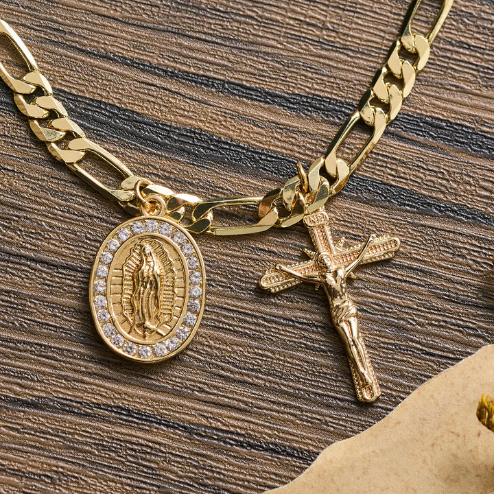 Christianartworkshop Bracelet Figaro avec médaille de Guadalupe, bordure en strass et pendentif crucifix - image 6
