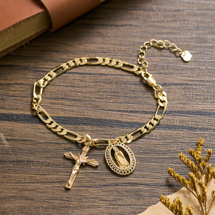 Christianartworkshop Bracelet Figaro avec médaille de Guadalupe, bordure en strass et pendentif crucifix - image 2