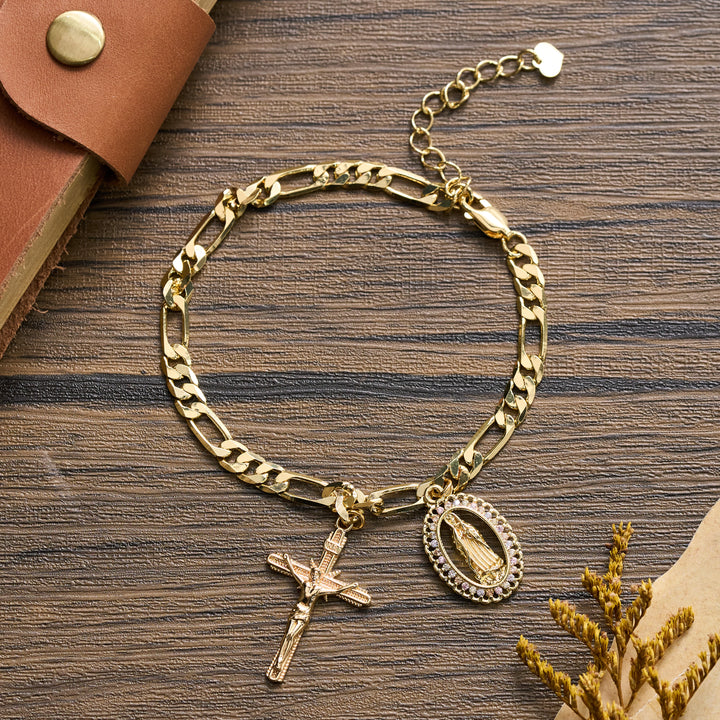 Christianartworkshop Bracelet Figaro avec médaille de Guadalupe, bordure en strass et pendentif crucifix - Notre-Dame et Crucifix A - image 1