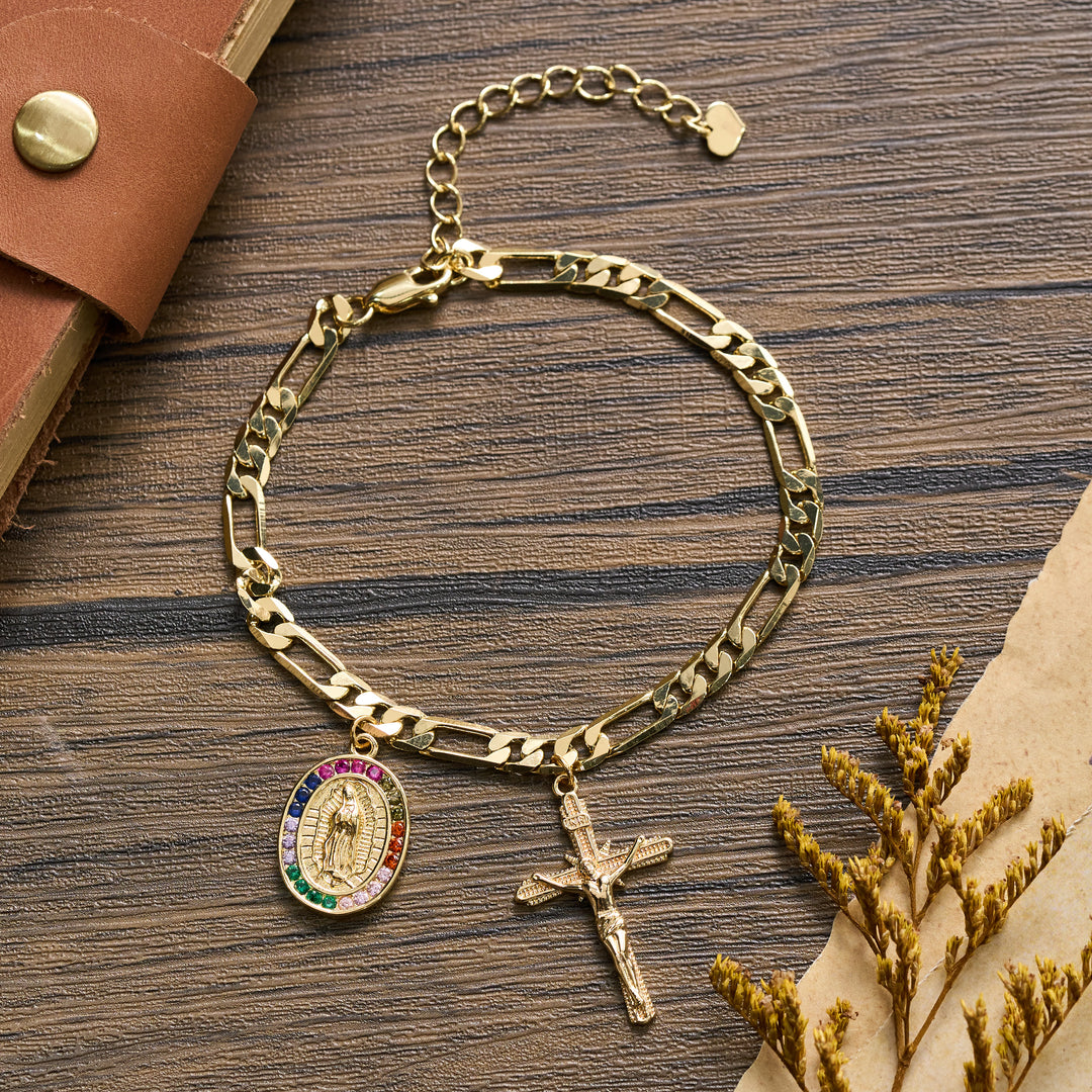 Christianartworkshop Bracelet Figaro avec médaille de Guadalupe, bordure en strass et pendentif crucifix - Notre-Dame et Crucifix C - image 7