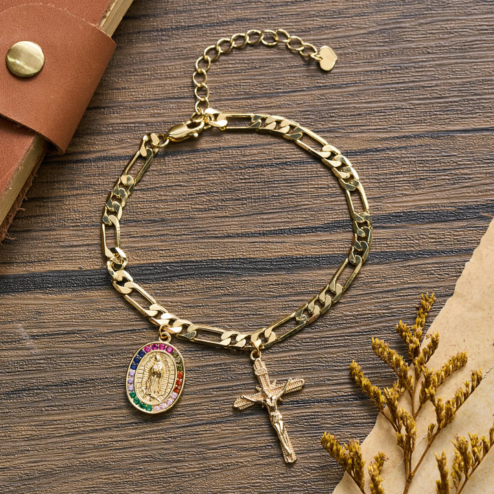 Christianartworkshop Bracelet Figaro avec médaille de Guadalupe, bordure en strass et pendentif crucifix - Notre-Dame et Crucifix C - image 7