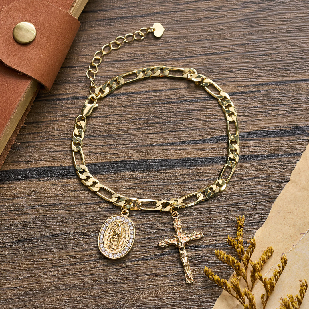 Christianartworkshop Bracelet Figaro avec médaille de Guadalupe, bordure en strass et pendentif crucifix - Notre-Dame et Crucifix B - image 4