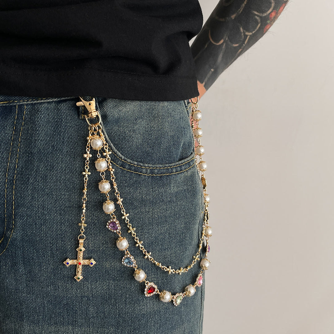 Christianartworkshop Chaîne de pantalon croisée à plusieurs niveaux ornée de zircons colorés : un symbole de foi sacrée et de style urbain - Style doré - image 0