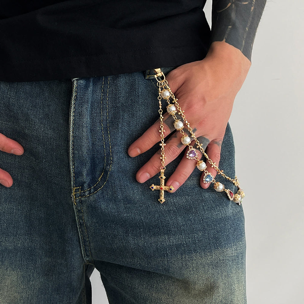 Christianartworkshop Chaîne de pantalon croisée à plusieurs niveaux ornée de zircons colorés : un symbole de foi sacrée et de style urbain - image 1