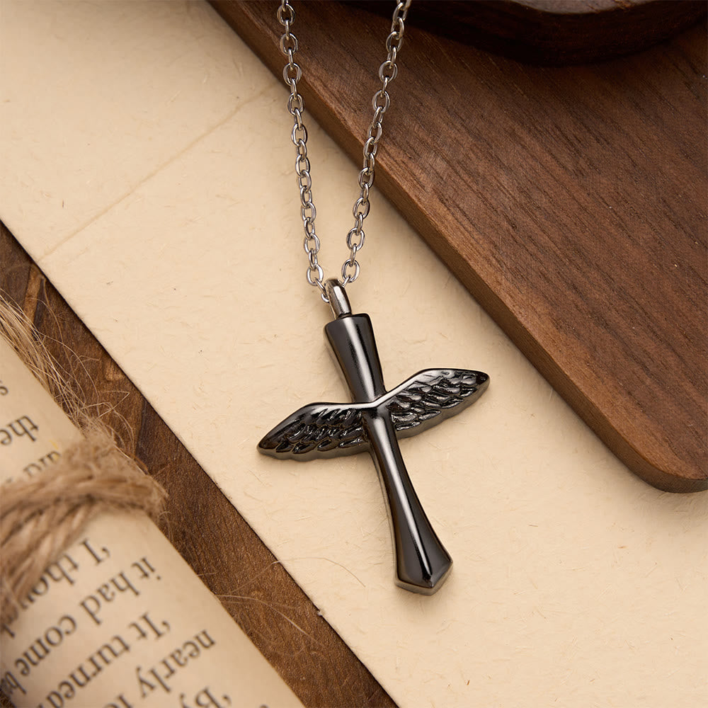 Christianartworkshop Collier pendentif croix en forme d'aile d'ange texturée, disponible en trois finitions : un symbole d'amour protecteur divin - Noir - image 0