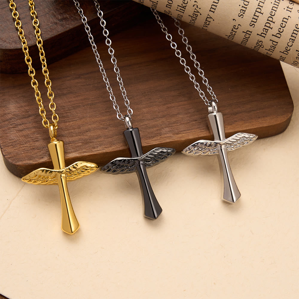 Christianartworkshop Collier pendentif croix en forme d'aile d'ange texturée, disponible en trois finitions : un symbole d'amour protecteur divin - image 1