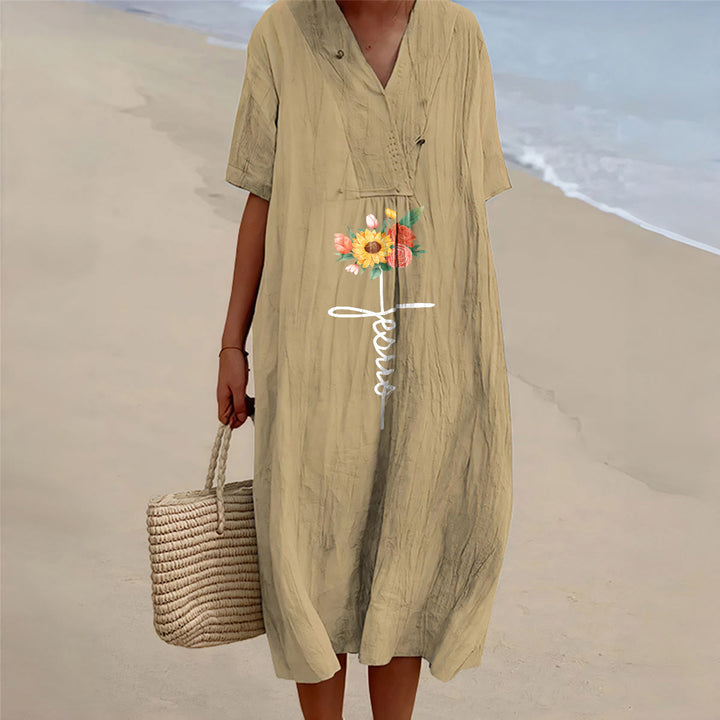Christianartworkshop Robe midi à manches courtes, col en V, motif croix et tournesol, avec inscription Jésus - Kaki - 4XL - image 9