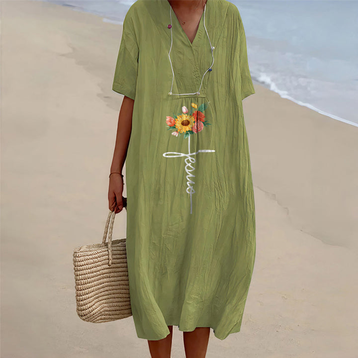 Christianartworkshop Robe midi à manches courtes, col en V, motif croix et tournesol, avec inscription Jésus - Vert olive - 4XL - image 15
