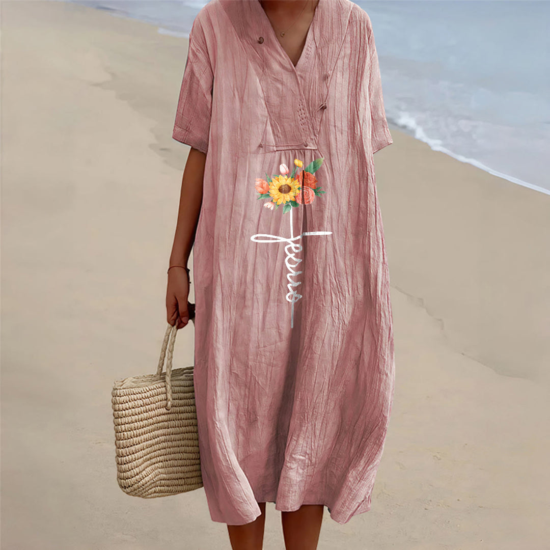 Christianartworkshop Robe midi à manches courtes, col en V, motif croix et tournesol, avec inscription Jésus - Rose - 4XL - image 12