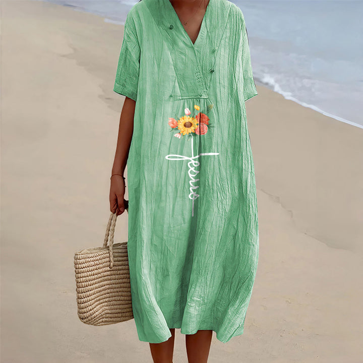 Christianartworkshop Robe midi à manches courtes, col en V, motif croix et tournesol, avec inscription Jésus - Vert - 4XL - image 6