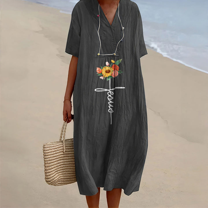 Christianartworkshop Robe midi à manches courtes, col en V, motif croix et tournesol, avec inscription Jésus - Noir - 4XL - image 0