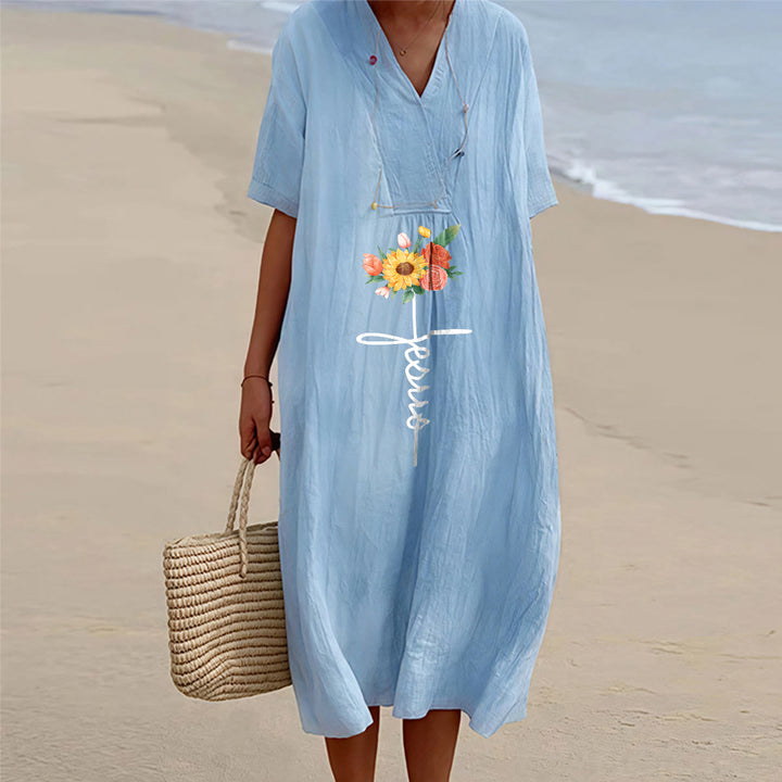 Christianartworkshop Robe midi à manches courtes, col en V, motif croix et tournesol, avec inscription Jésus - Bleu - 4XL - image 3