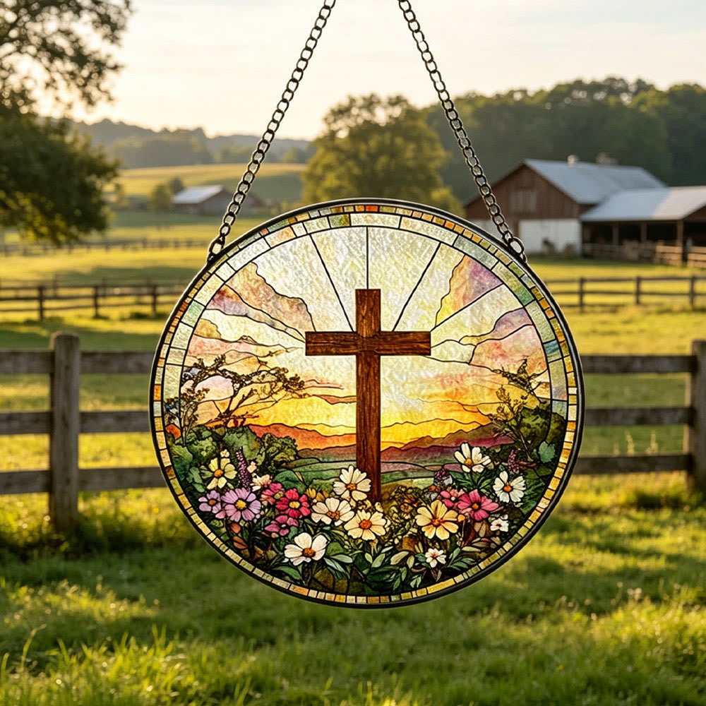Christianartworkshop Croix ronde en vitrail, attrape-soleil floral au coucher du soleil, à suspendre à la fenêtre : symbole de chaleur et de bénédiction divines - image 3